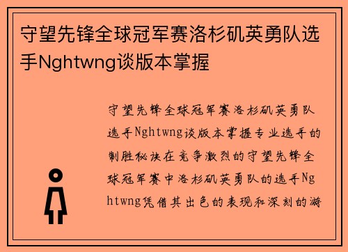 守望先锋全球冠军赛洛杉矶英勇队选手Nghtwng谈版本掌握